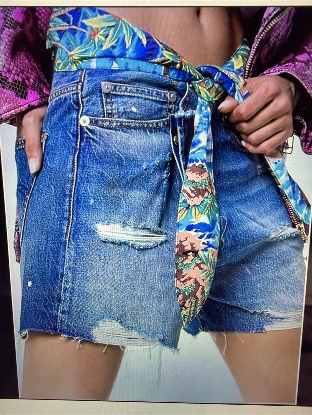 R13 Tie Waist Cross Over Short Jasper with rips and Hawaiian print sz 25